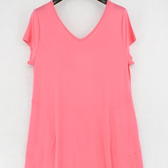 INKIVY Women Pink Soft Jersey Double V-Neck Side Seam Pockets Maxi Nightgown L - Picture 3 of 9